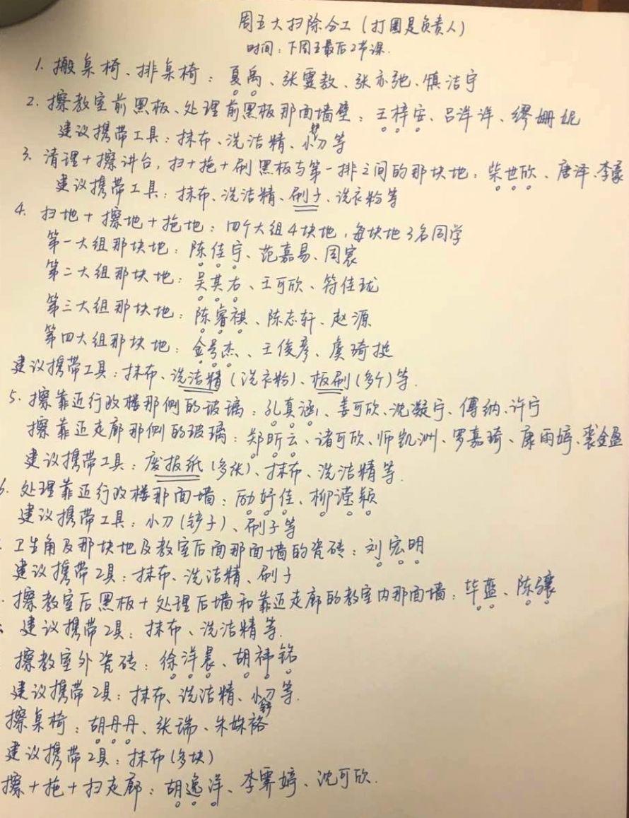 班主任手写的大扫除分工表~很精细哦~